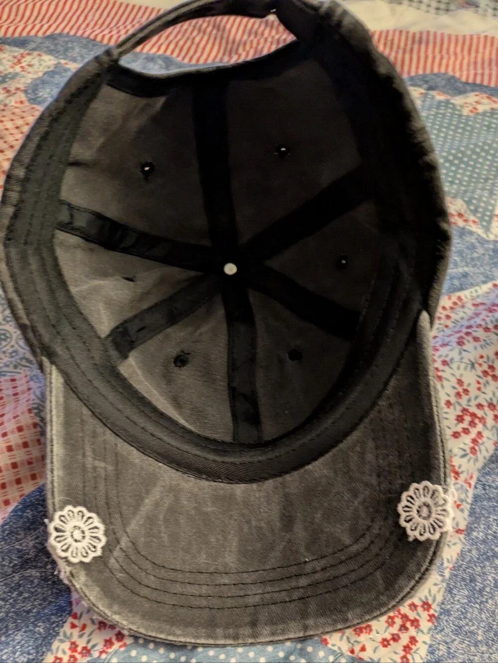 Hand Made Embellished Black Baseball Cap with Lace and Crochet Flower